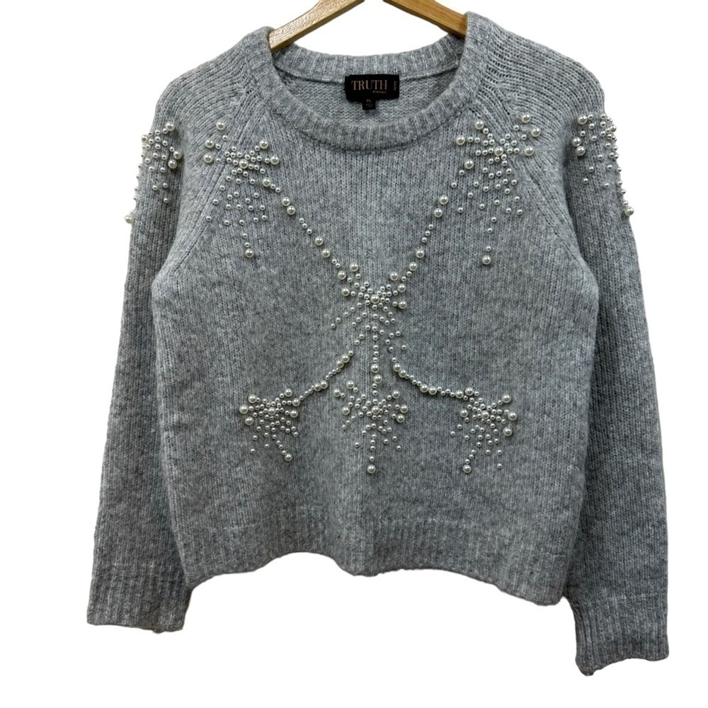 Truth by Republic Women's Knit Silver Gray Pearl Pullover Sweater, PL